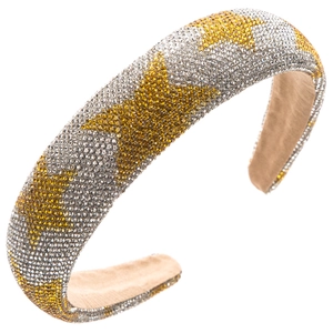 Close-up of wide rhinestone headband with golden stars and comfortable beige lining