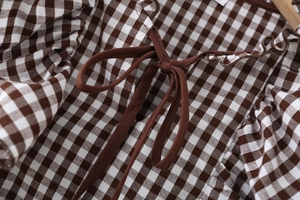 Close-up of brown gingham pattern with ruffled collar and tie-up bow on women's shirt