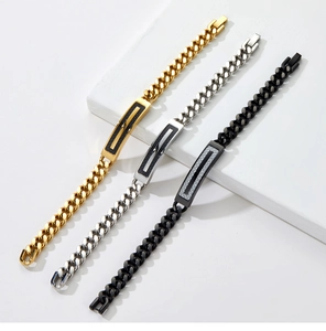 Three men's stainless steel Cuban chain bracelets with carbon fiber inlay in gold, silver, black