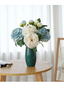 French oil painting style peony bouquet in green ceramic vase for home table decor