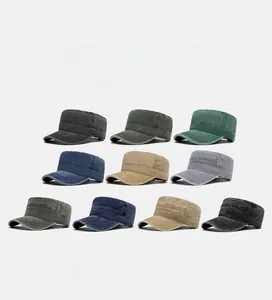 Detailed grid showing 10 colors of washed cotton military flat top caps with eyelets