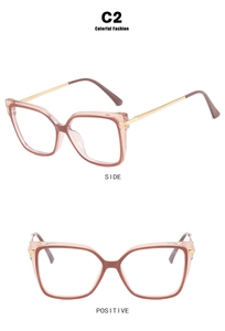 Detailed side and front view of square blue light glasses with brown and pink frames