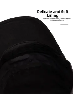 Detail view of cotton sweatband and soft breathable lining inside the black flat top cap