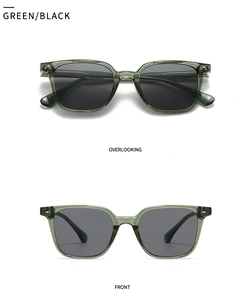 Front and top views of modern retro green transparent sunglasses with grey lenses