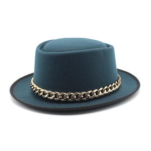 Women's dark teal wool felt flat top fedora hat with stylish thick gold chain trim