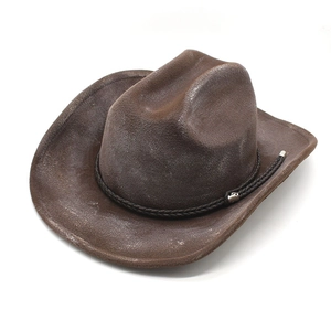 Classic distressed dark brown western cowboy hat with black braided rope and metal accents