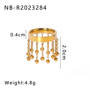 Detailed size chart of gold chain tassel ring with measurements and weight specifications