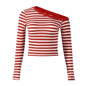 Detail of red and white striped knit top showing the asymmetric one-shoulder neckline