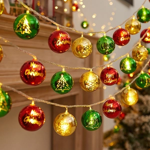 Festive Christmas ball string lights with red green and gold ornaments for holiday decor