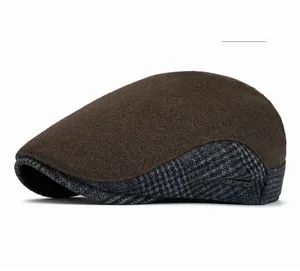 Detail of wool ivy cap featuring brown felt texture and MOWRIDE metal brand logo