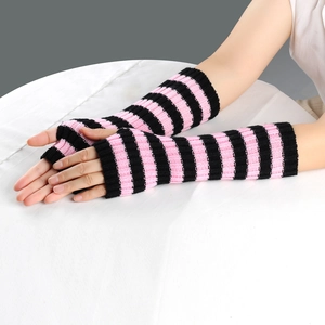 Detail of pink and black striped knitted fingerless arm warmers with ribbed cuffs