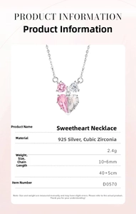 Detailed specs of 925 silver heart necklace with pink cubic zirconia measurements