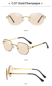 Detailed three-view shots of rimless gold sunglasses with diamond-cut champagne lenses
