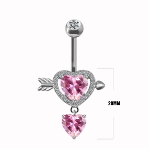 Detailed view of silver heart navel ring with pink stones and arrows, 20mm length