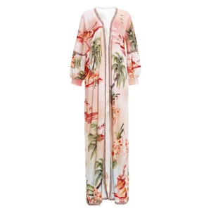 Long-sleeved tropical coconut tree print kimono cover-up with sunset scenery