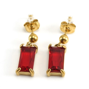 18K gold plated stainless steel stud earrings with rectangular red zircon crystals