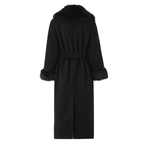 Women's long black wool coat featuring faux fur collar, matching belt, and back view details