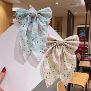 Large Floral Bow Hair Clip With Long Streamers Chiffon Fabric Sweet Korean Style Headwear For Women Girls