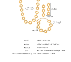 Detailed size specifications for gold titanium steel necklace, bracelet and earrings set