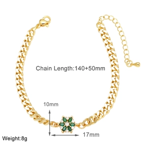 Close-up of gold flower pendant with green zirconia, detailing 140+50mm chain dimensions