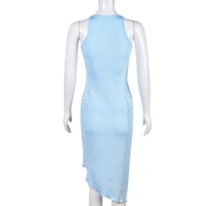 Detail of light blue bodycon midi dress with sheer dot mesh side panel and asymmetric hem