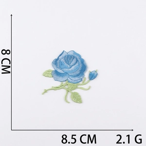 Blue rose embroidered patch with detailed 8.5x8cm dimensions and 2.1g weight info
