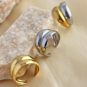 Adjustable Stainless Steel Ring Double Layered Geometric Wide Band High Polished Minimalist Chunky Jewelry For Women Men