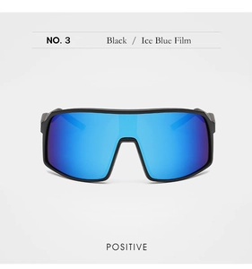 Detailed front view of black cycling sunglasses with ice blue mirrored lens and sleek frame