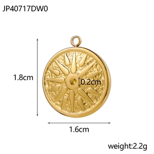 Detailed view of a 1.8cm golden sunburst angel pendant with weight and size labels