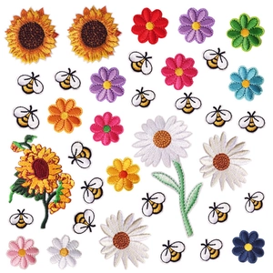 Colorful floral and bee embroidery patch set with sunflower and daisy patterns for DIY crafts