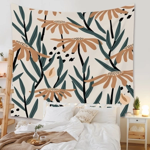 Abstract floral and leaf print wall tapestry in earthy tones for modern bedroom decor