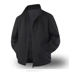 Close-up of black windbreaker jacket featuring stand collar and ribbed cuffs detail
