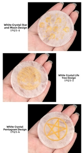 Detailed engraving of golden Tree of Life and Star-Moon on white crystal energy stone pad