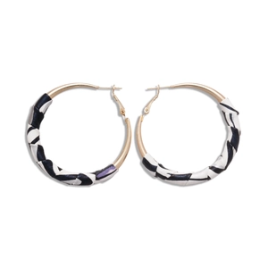Retro round earrings with black and white leopard print leather wrap and golden hooks