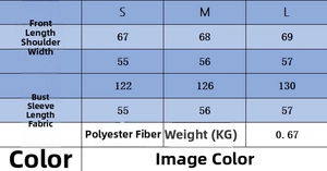 Detailed size chart for faux fur jacket showing length, shoulder, bust, and sleeve measurements