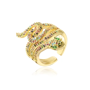 Detailed close-up of 18K gold plated snake ring with colorful micro-pave zircons and green eyes