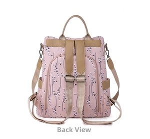 Rückansicht des rosa Blumenrucksacks aus Oxford-Stoff mit Diebstahlsicherung und Trägern