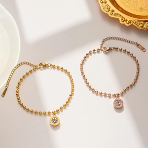 Titanium Steel Roman Numeral Pendant Bead Bracelet For Women Gold Rose Gold Plated Rhinestone Adjustable Jewelry Gift