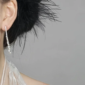 Close-up of long tassel earrings with shimmering crystals and pearls on model