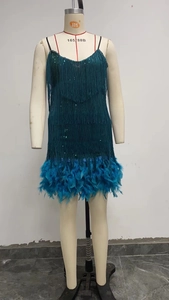Detail eines dunkeltürkisen Paillettenkleids mit Fransen und flauschigem Federbesatz