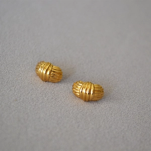 Minimalist gold plated brass stud earrings with ribbed texture and striped pattern