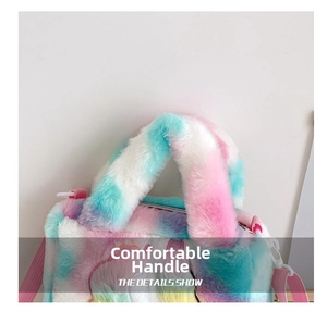 Close-up of fluffy rainbow unicorn plush handbag handle and premium faux fur texture