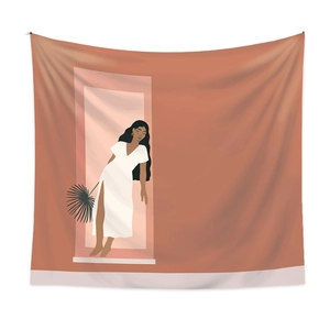 Bohemian tapestry featuring an elegant woman in white dress on terracotta background