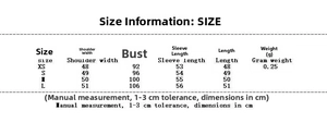 Size chart showing XS to L dimensions for the long sleeve bow tie top in centimeters