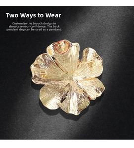 Detailed back view of gold rose brooch showing dual-use pin and pendant loop function