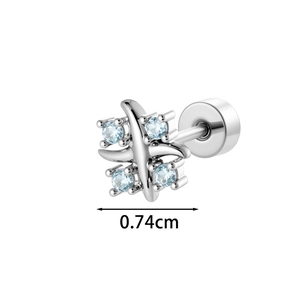 Silver cross stud earring with light blue gemstones and screw back, size 0.74cm