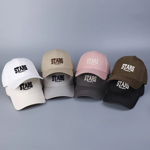 Close-up of baseball caps in eight colors featuring high-quality 3D letter embroidery