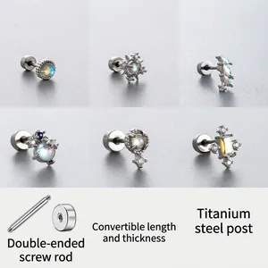 Titanium Steel Cartilage Earring Stud Rainbow Zircon Moonstone Screw Flat Back Piercing Jewelry For Women