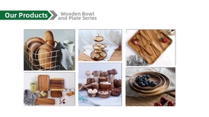 Collection of teak wood kitchenware including plates, bowls and serving utensils
