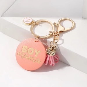 Pink BOY mama wooden keychain with gold lettering, leather tassel and lobster clasp
